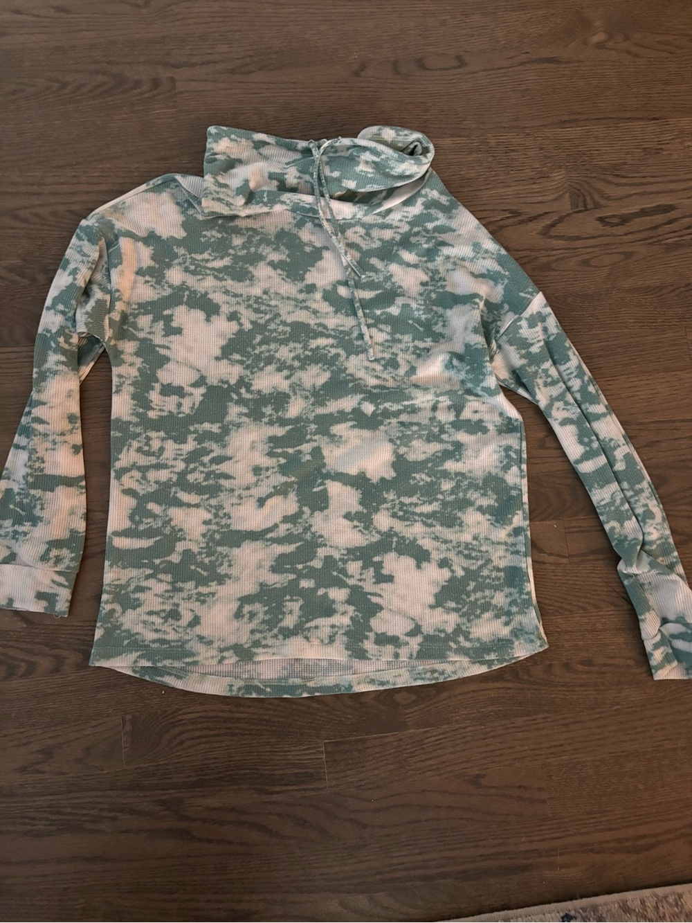 Thermal Tie-Dye Cowl Neck Long Sleeve Top - Teal & White